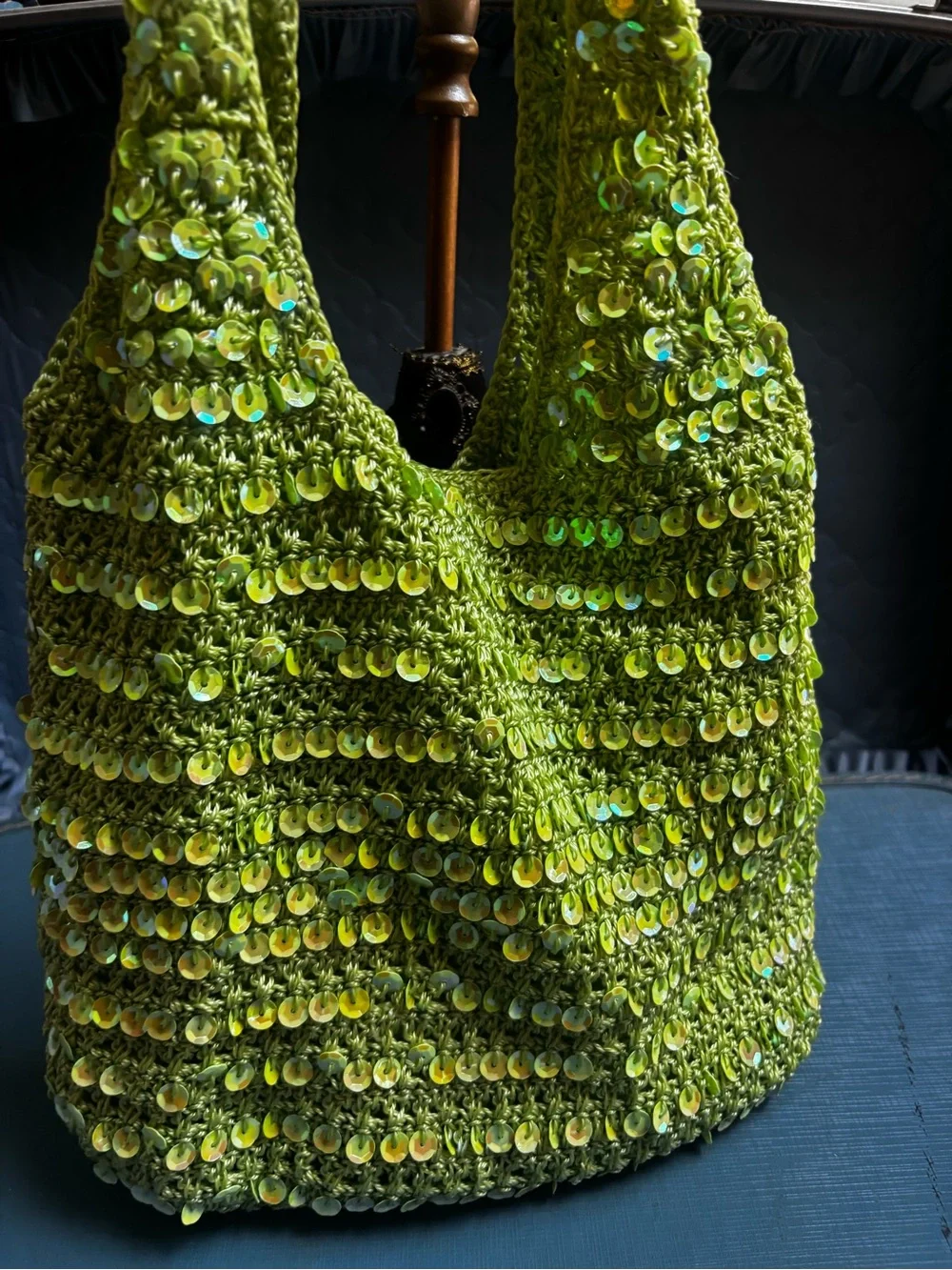 Green Sequin Crochet Shoulder Bag - Unbranded